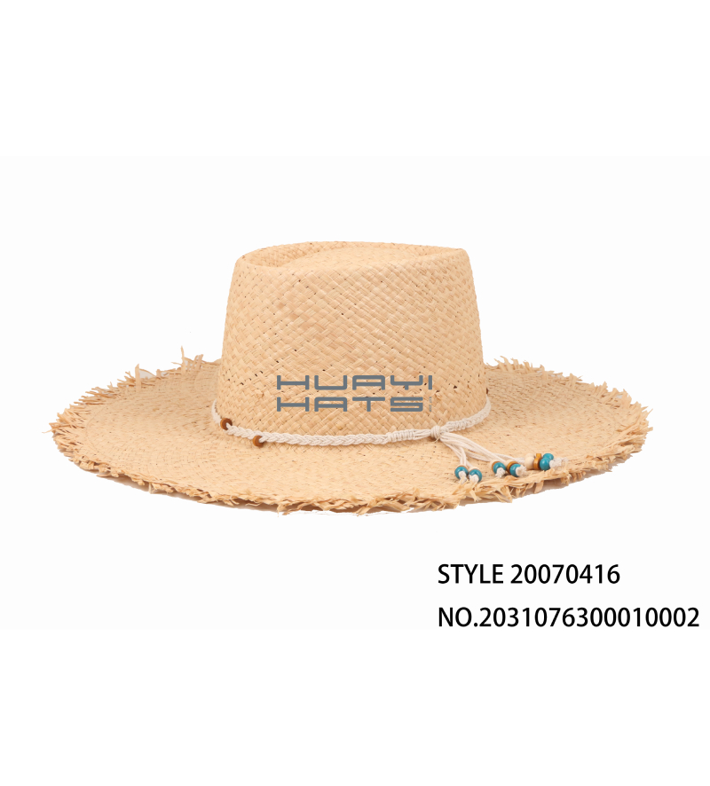 Mens Straw Beach Hat Raffia Straw Frayed Wide Brim Sun Hat