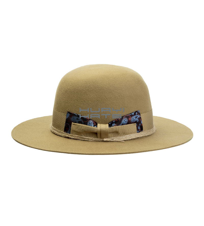 Tan Wool Felt Medium Wide Brim Open Crown Fedora Hat With Bowknot