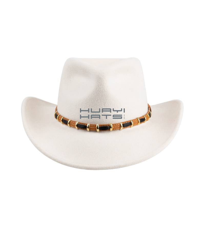 Womens Wide Brim White Felt Western Cowboy Hat With Leather Hatband