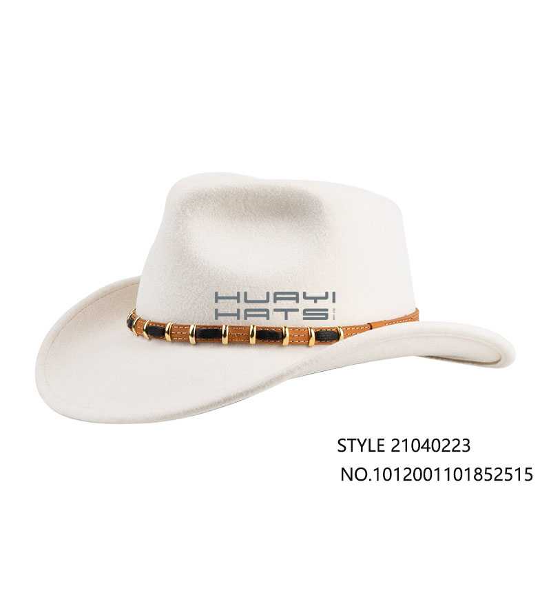 Womens Wide Brim White Felt Western Cowboy Hat With Leather Hatband