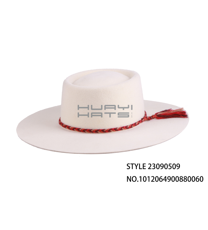 High quality Custom Wide Brim 100% Australian wool felt Pork Pie Hat With Decorative String