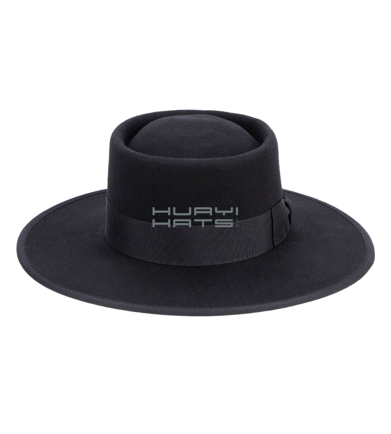 Black Wool Felt Wide Brim Pork Pie Fedora Hat With Black Hatband
