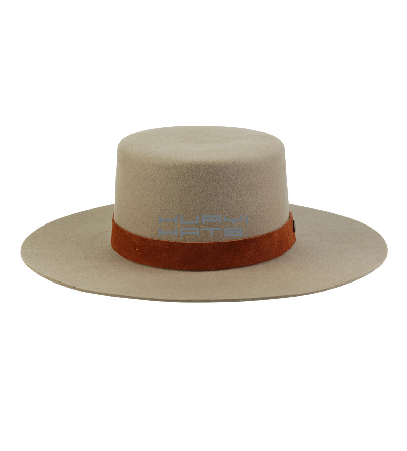 Mens Beige Wide Brim Boater Hat Made Wool Felt With Brown Adjustable Hatband