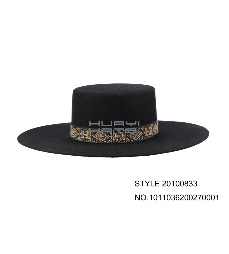 Mens Black Wool Flat Boater Wide Brim Hat Adjustable Sweatband
