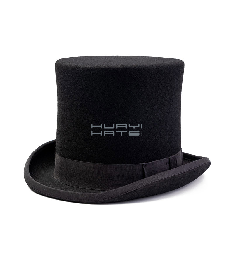 Black Wool Felt Top Hats For Men With White Satin & Black Bowknot