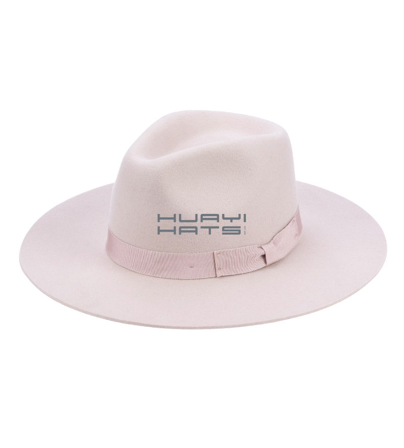 Womens Blush Pink Wool Felt Wide brim Fedora Hat With Pink Hatband