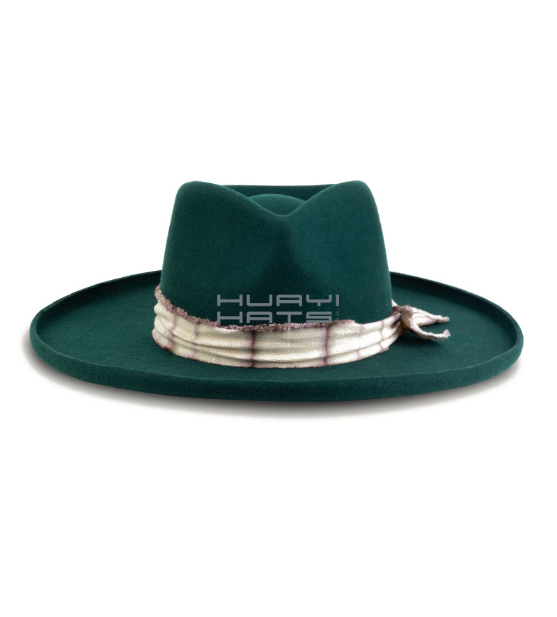 Womens Stiff Wide Brim Wool Felt Fedora Hat Emerald Green Non-removable Hatband
