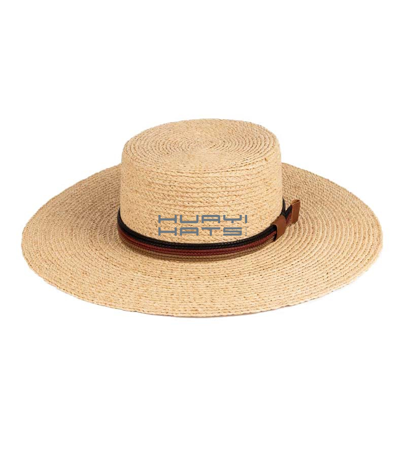 Flat Wide Brim Straw Boater Hat Made Of High Guiality Raffia Braid For Men & Women
