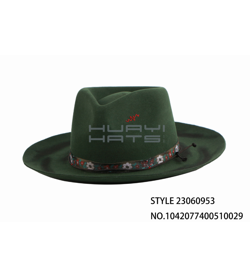 Distressed Green Mens Raised Brim Wool Felt Fedora Hat Customizable Color