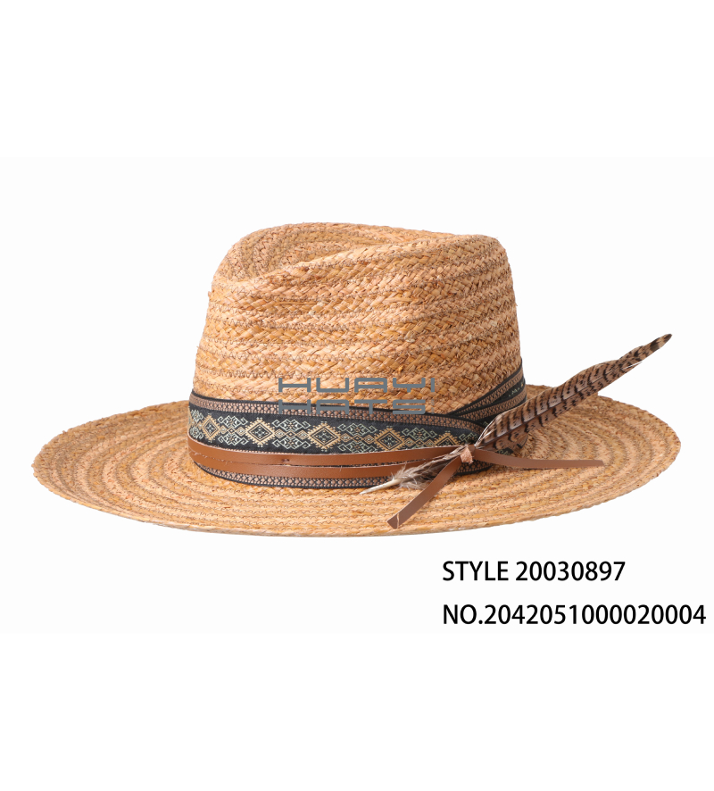 Mens Straw Fedora Brown Raffia Braid Wide Brim Hat With Feather