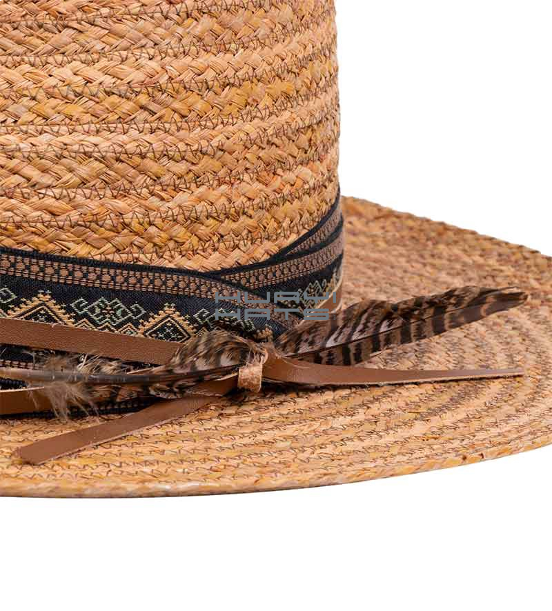 Mens Straw Fedora Brown Raffia Braid Wide Brim Hat With Feather