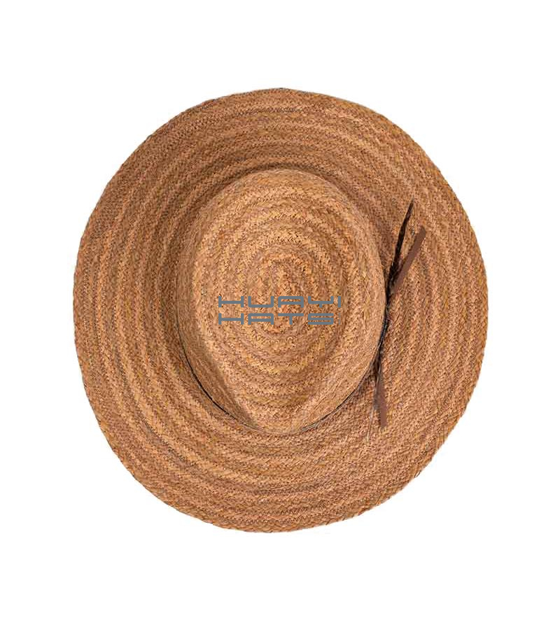 Mens Straw Fedora Brown Raffia Braid Wide Brim Hat With Feather