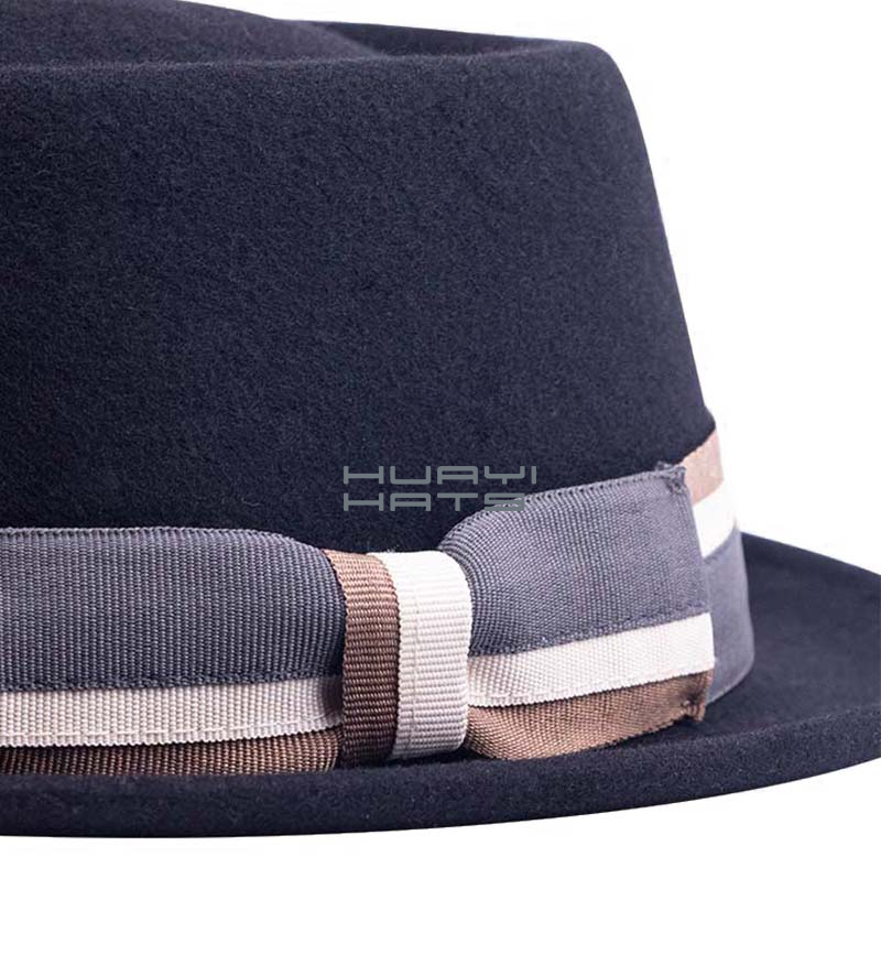 Black Wool Felt Pork pie Fedora Hat Small Brim For Mens