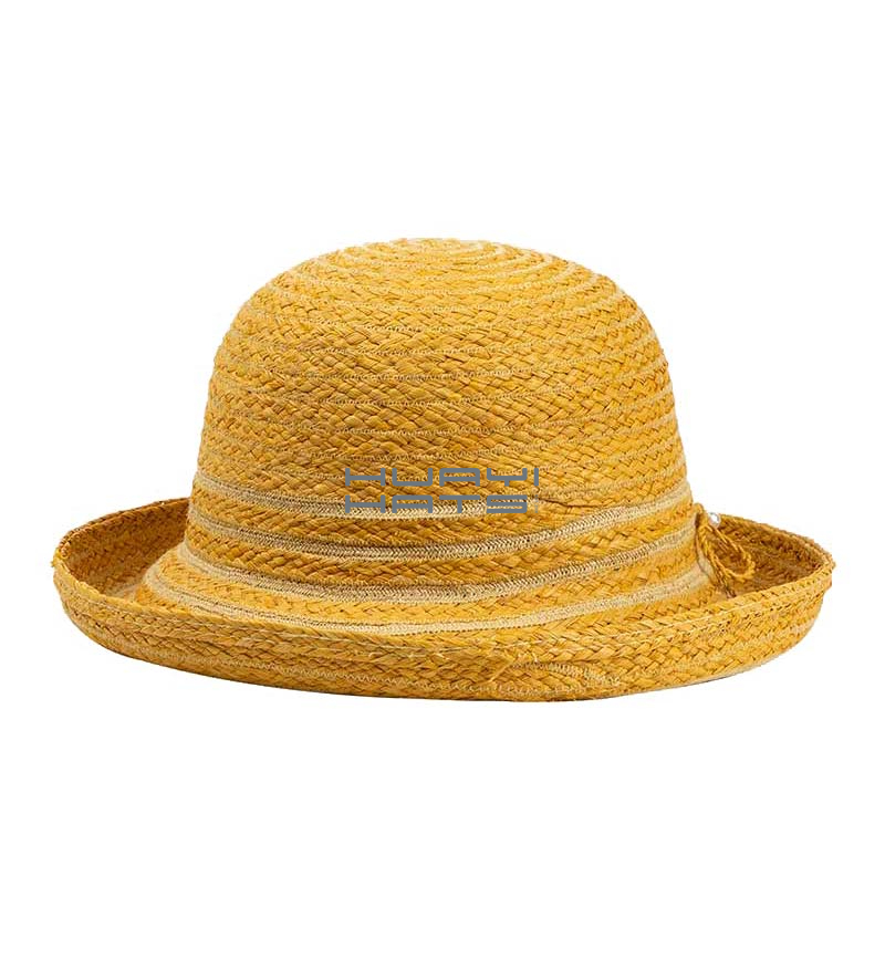 Children Yellow Straw Hat Up-turned Brim Bowler Hat for outdoor sun protection
