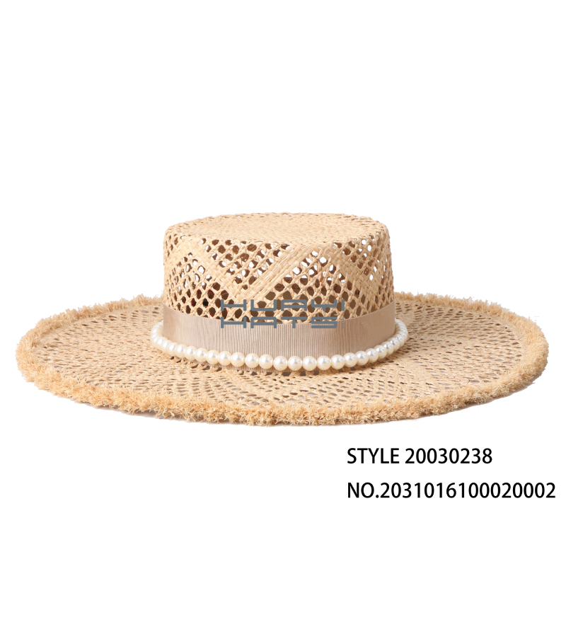 Vented Womens Wide Brim Straw Hat With White Bead Around Crown Boater Style