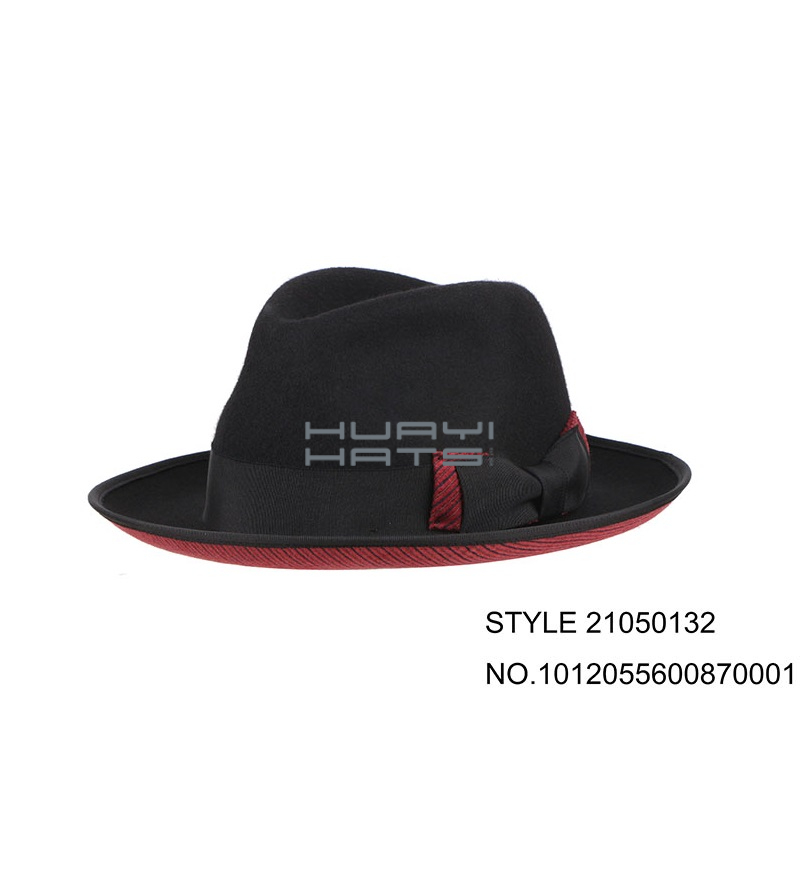 Black Curled Brim Hat With Red Bottom Wool Felt Fedora For Womens & Mens