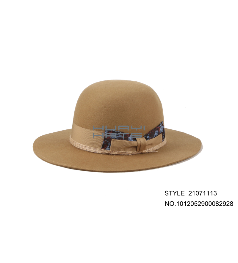 Tan Wool Felt Medium Wide Brim Open Crown Fedora Hat With Bowknot