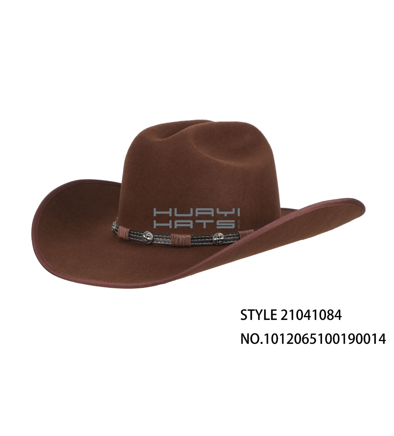 Fashion Mens Brown Durable Wool Felt Cowboy Hat With Stiff Wide Brim Light Waterproof Naturally