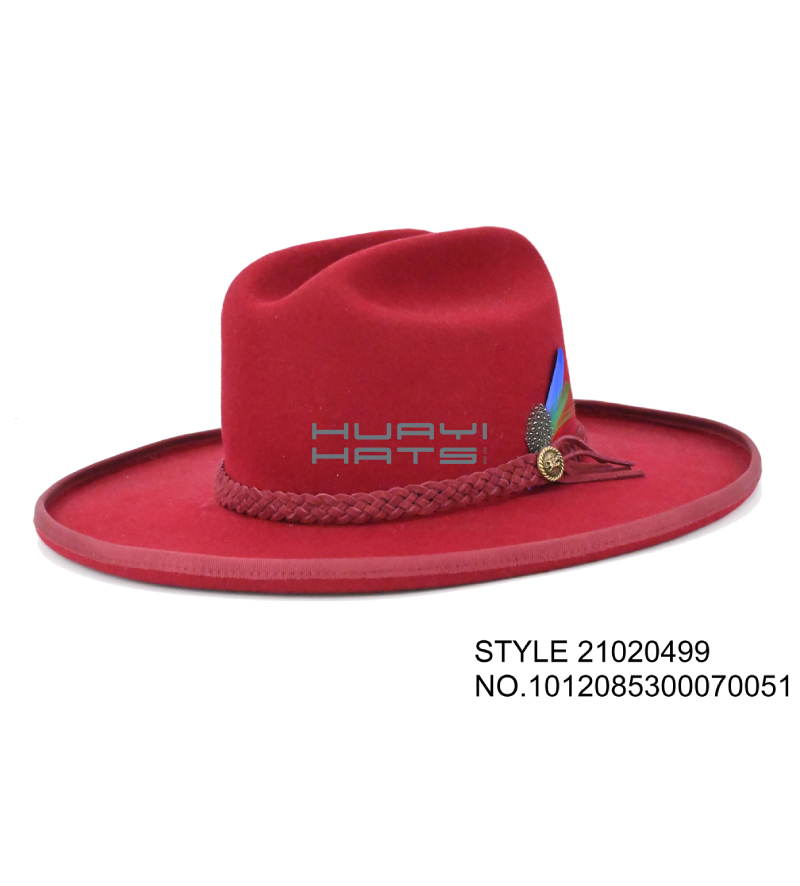 Red Wide Brim Wool Felt Fedora Hats With Feather Hatband For Men or Women