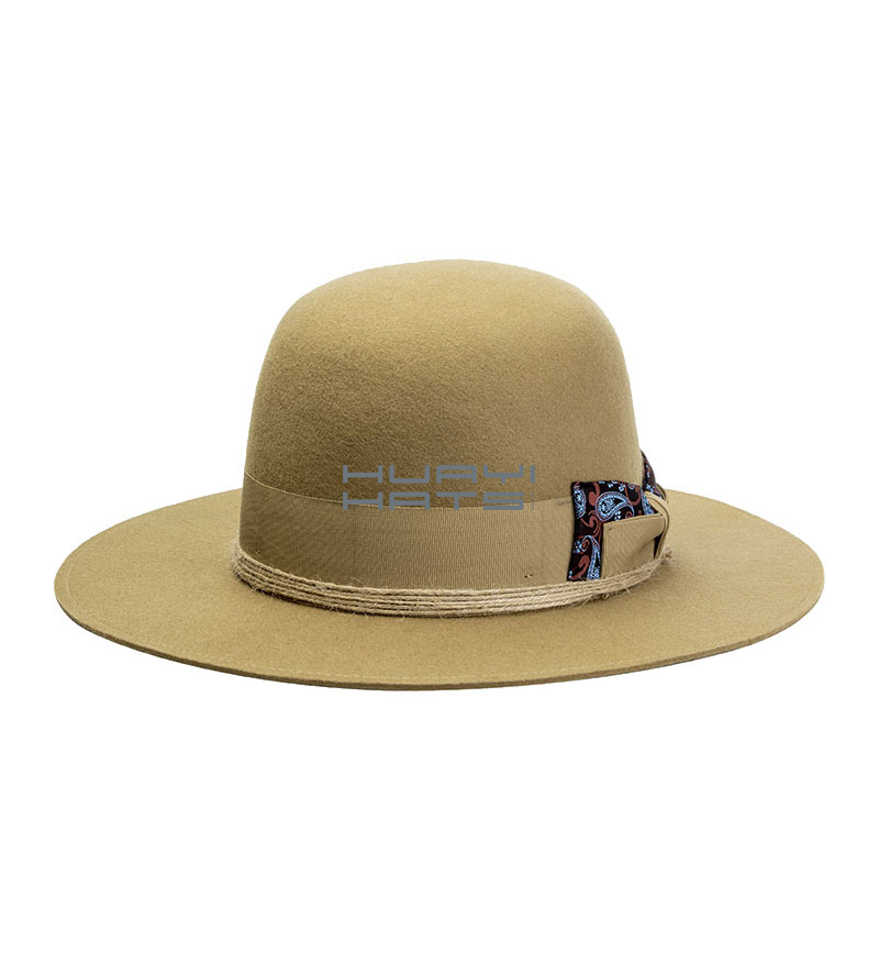 Tan Wool Felt Medium Wide Brim Open Crown Fedora Hat With Bowknot