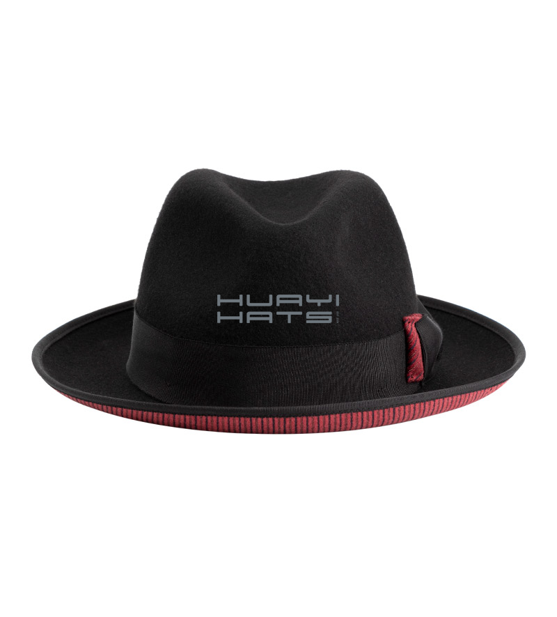 Black Curled Brim Hat With Red Bottom Wool Felt Fedora For Womens & Mens