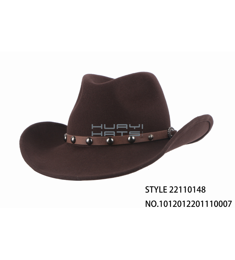 Mens Wide Brim Wool Felt Chocolate Pinch Front Cowboy Hat With Leather Band