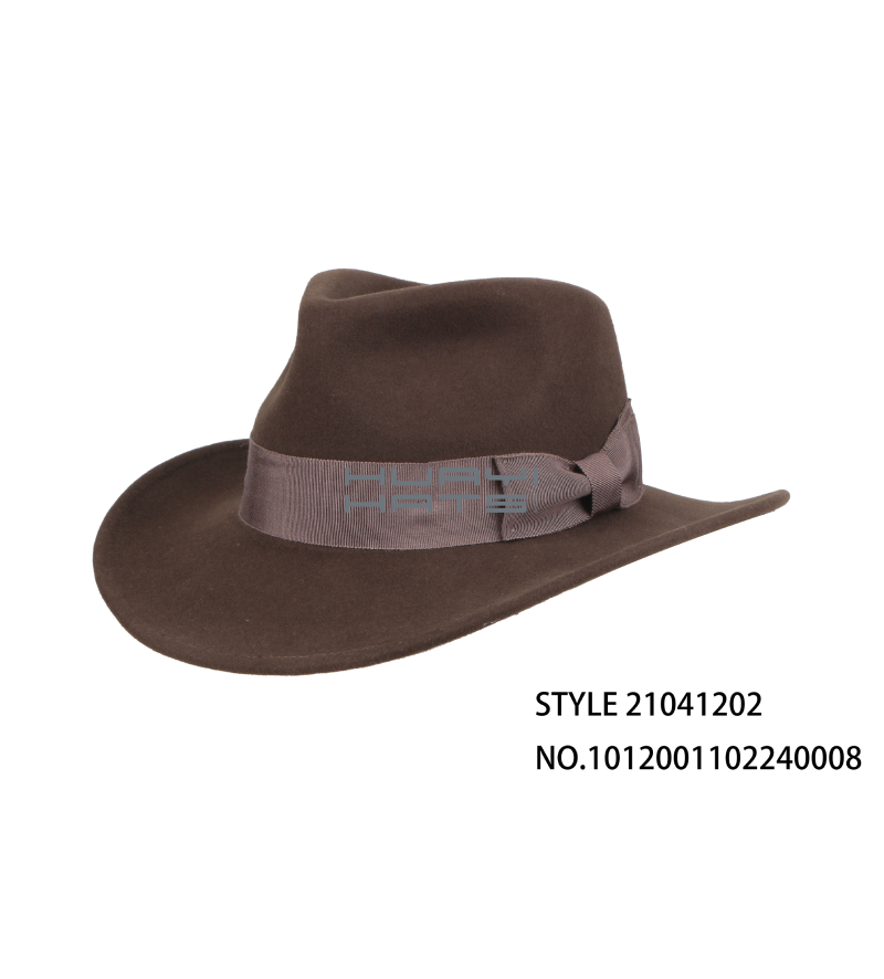 Mens 3" inches brim Brown Wool Felt Outback Cowboy Hat With Bowknot 