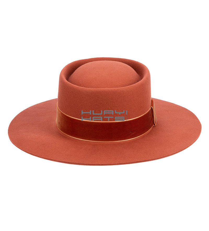 Burnt Orange Wide Brim Wool felt Pork pie Hat For Men Adjustable Sweatband