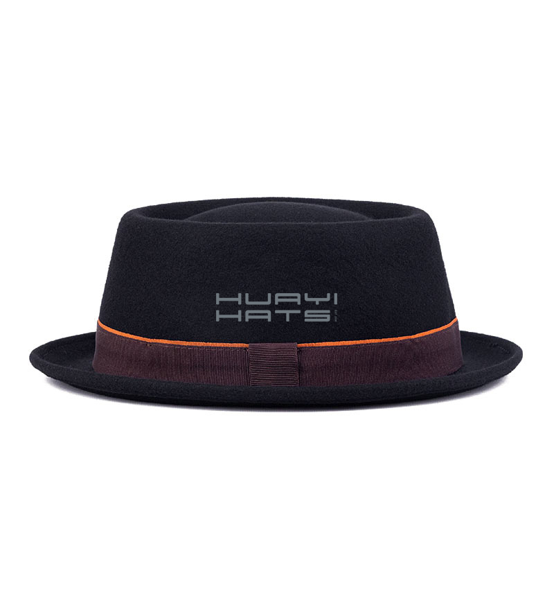 Mens Black 100% Wool Felt Pork Pie Hat With Two Tone Ribbon