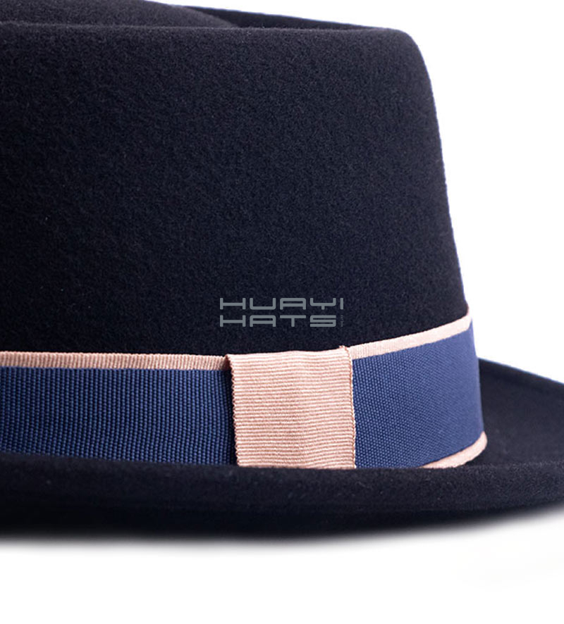 Mens Black Stingy Brim Wool Felt Pork Pie Hat With Blue Hatband