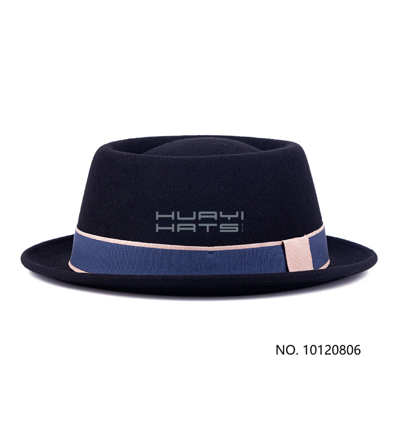 Mens Black Stingy Brim Wool Felt Pork Pie Hat With Blue Hatband