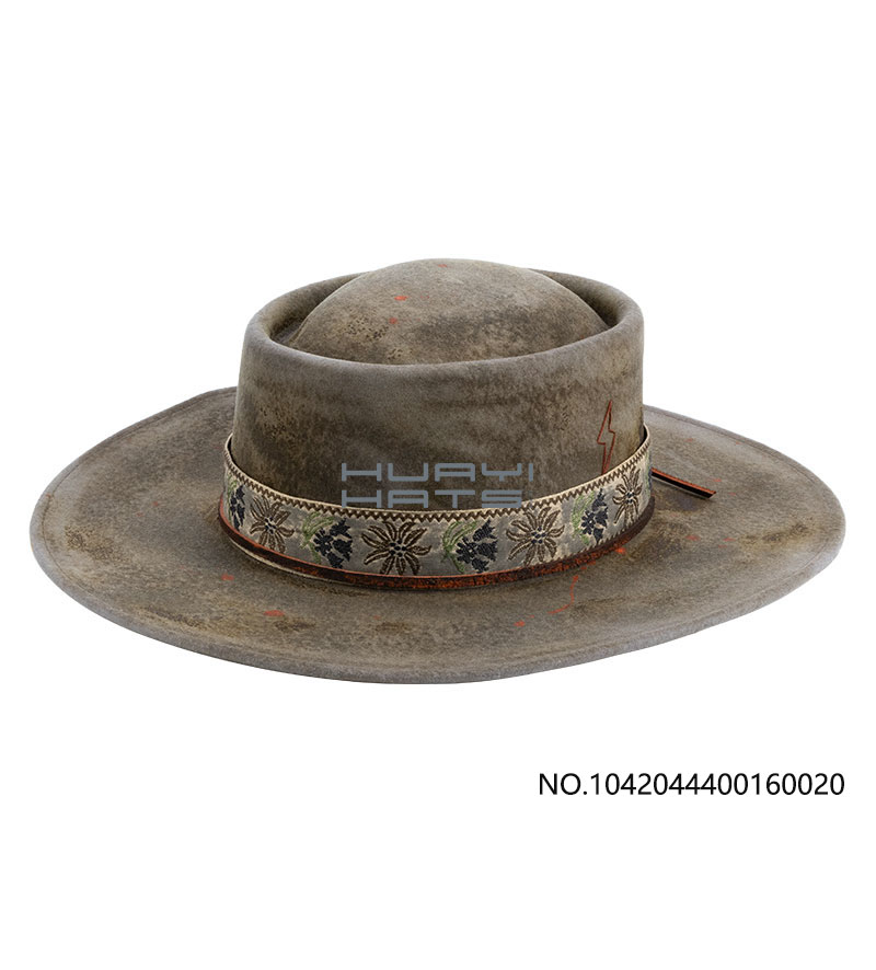 Mens Wide Brim Wool Felt Distressed Pork pie Fedora Hats With high-quality Grosgrain Ribbon