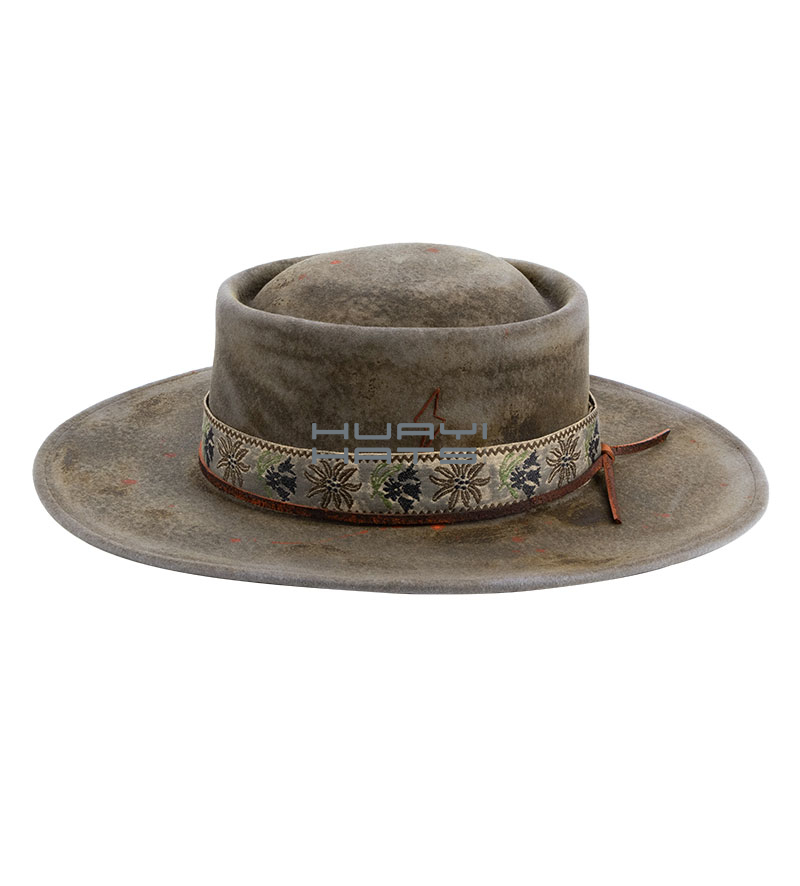 Mens Wide Brim Wool Felt Distressed Pork pie Fedora Hats With high-quality Grosgrain Ribbon