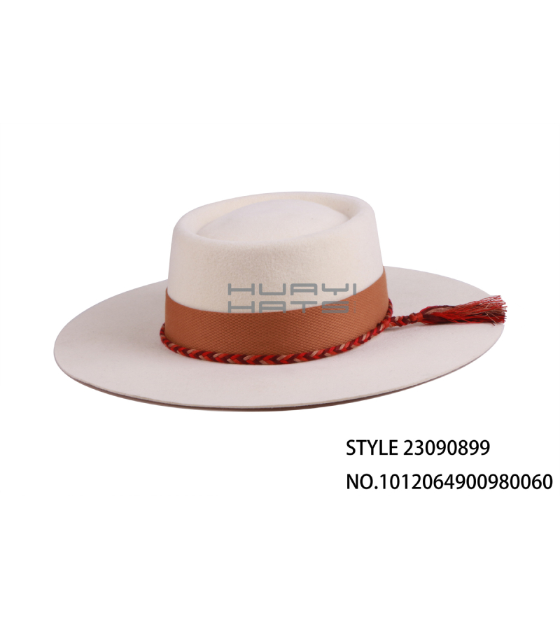 Custom Wide Brim 100% Australian wool felt Pork Pie Hat With Hatband And Decorative String