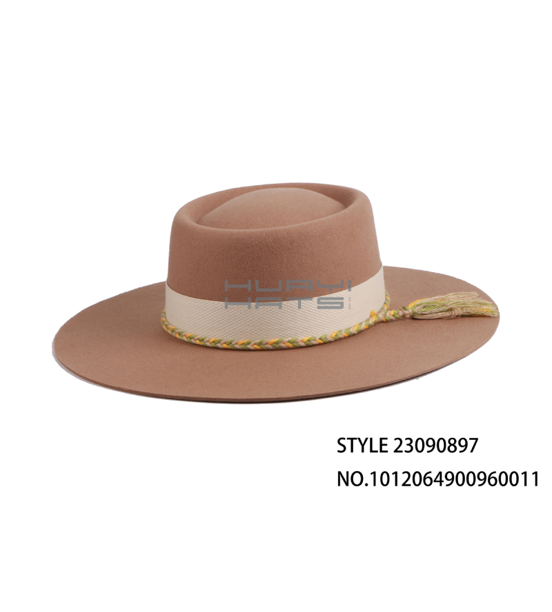 Custom Wide Brim 100% Australian wool felt Pork Pie Hat With Hatband And Decorative String