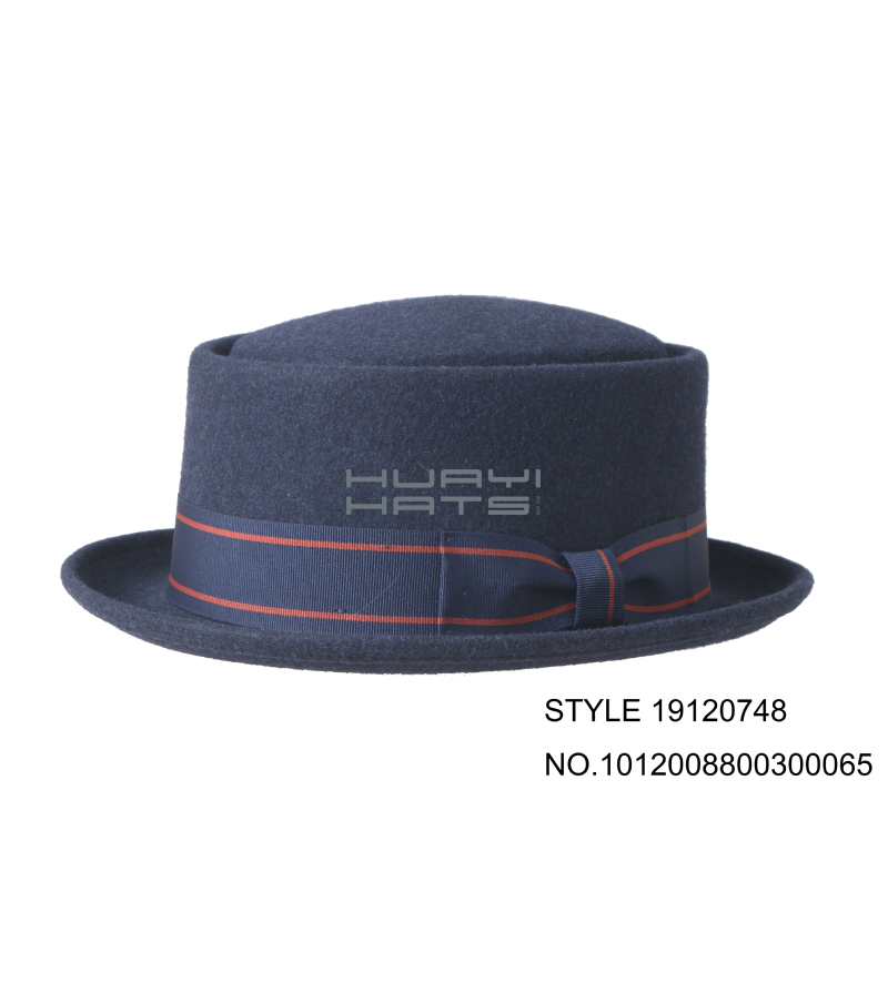 Mens Wool Felt Pork Pie Hat With Curled Short Brim Wide Grosgrain Ribbon Navy Blue 