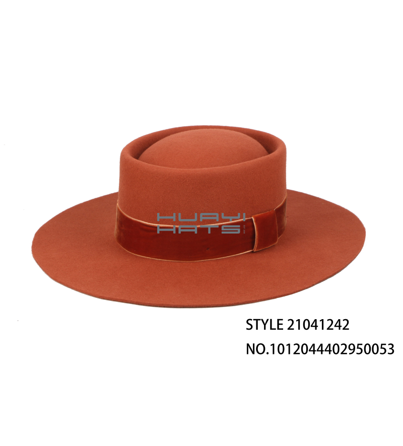 Burnt Orange Wide Brim Wool felt Pork pie Hat For Men Adjustable Sweatband