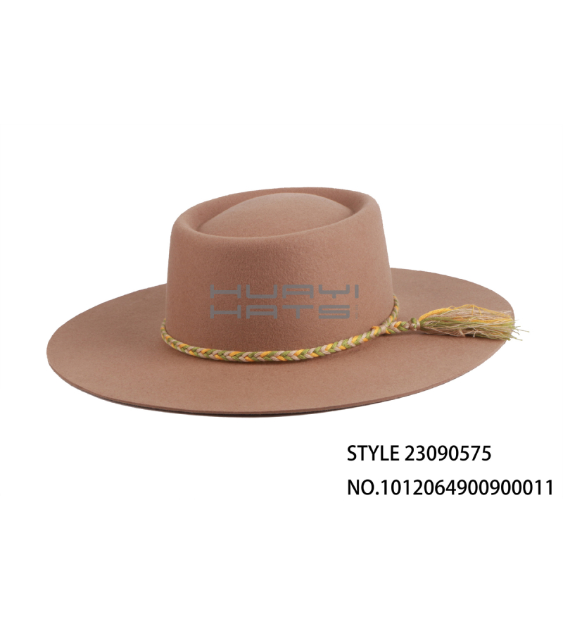 High quality Custom Wide Brim 100% Australian wool felt Pork Pie Hat With Decorative String
