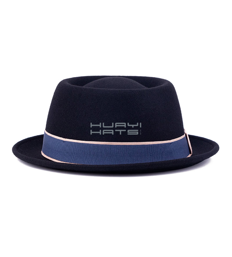 Mens Black Stingy Brim Wool Felt Pork Pie Hat With Blue Hatband