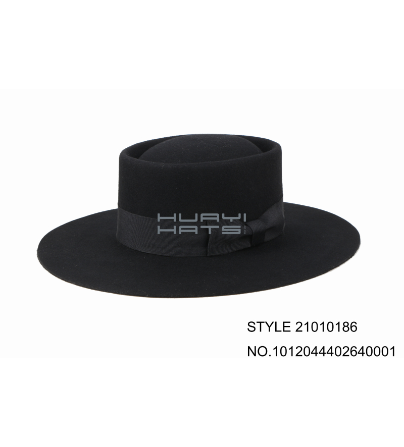 Black Wool Felt Wide Brim Pork Pie Fedora Hat With Black Hatband