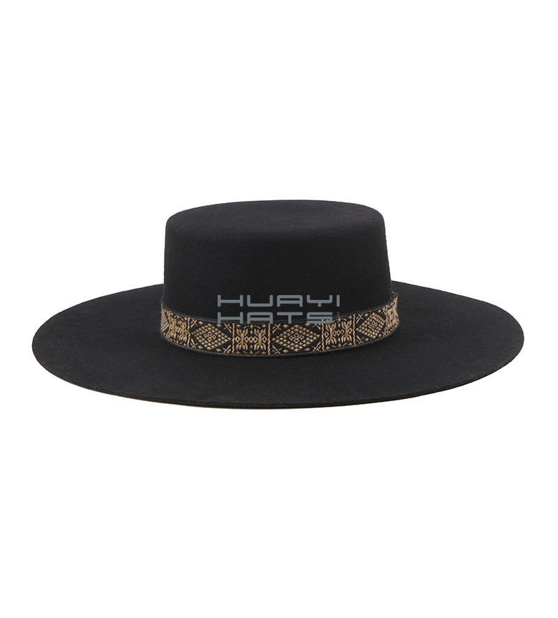 Mens Black Wool Felt Boater Wide Brim Hat Adjustable Sweatband