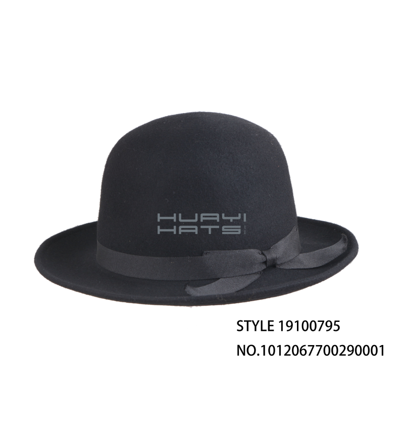 Mens Black Wool Felt Wide Brim Bowler Hat With Black Ribbon