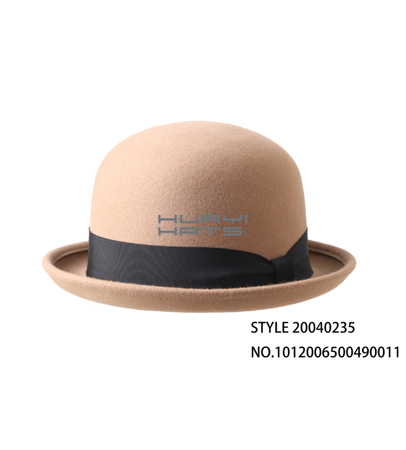 Womens Bowler Hat Camel Color Wool Felt Derby Hat With Black Ribbon