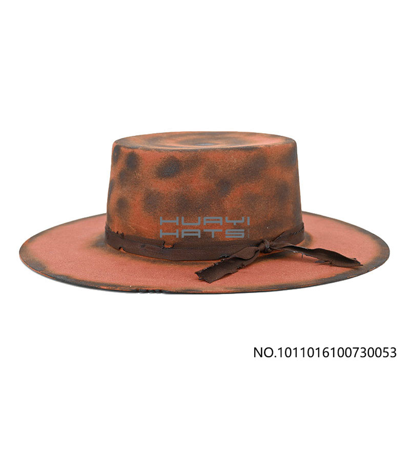 Vintage Boater Hat Mens Wool Felt Stiff Wide Brim Distressed Style Hat