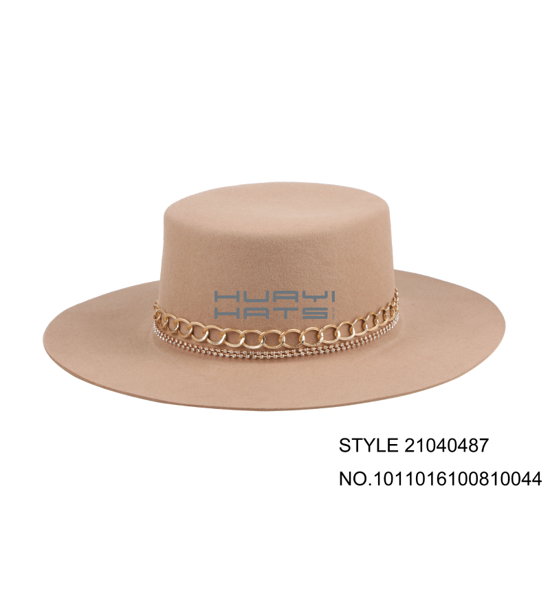 Womens Tan Stiff Wide Brim Wool Felt Boater Hat With Fashion Brighton Hatband