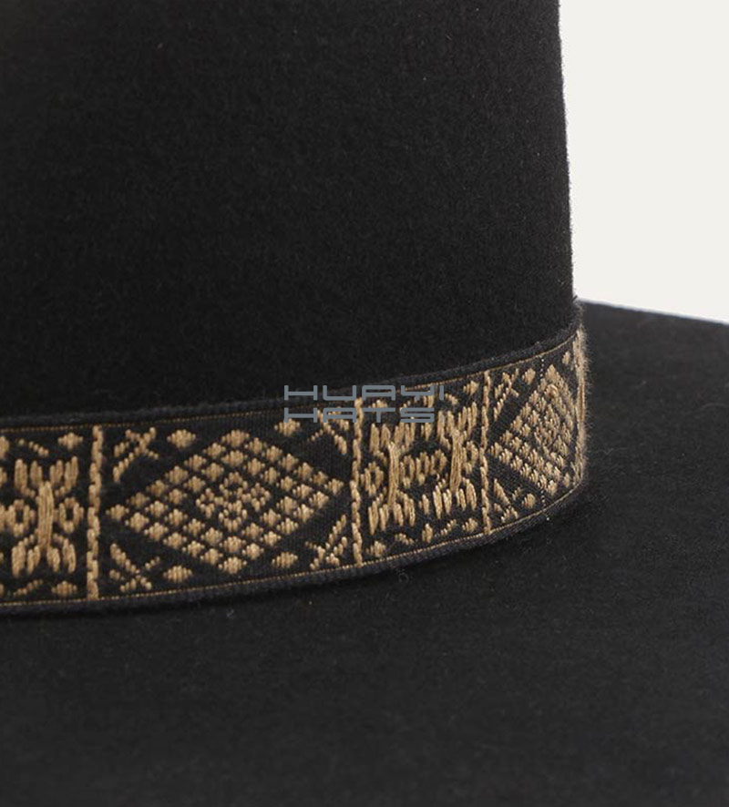 Mens Black Wool Felt Boater Wide Brim Hat Adjustable Sweatband