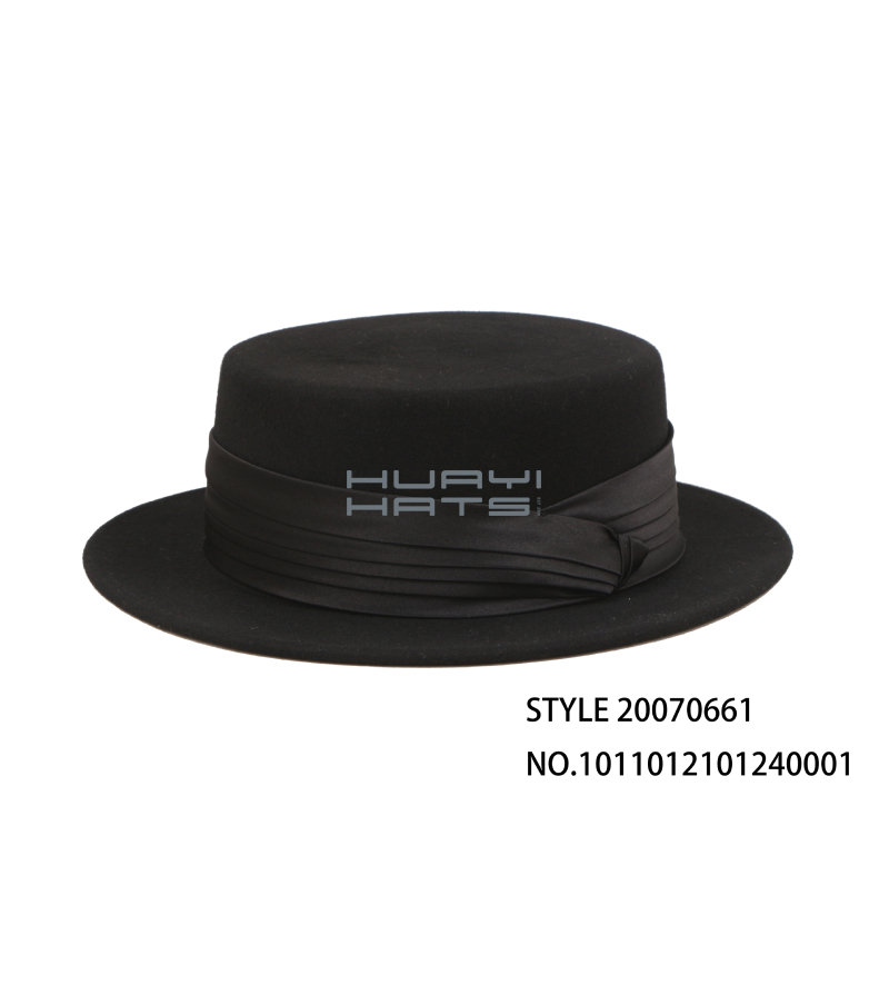 Womens Black Wool Felt Boater Hat With Black Ribbon & Short Brim