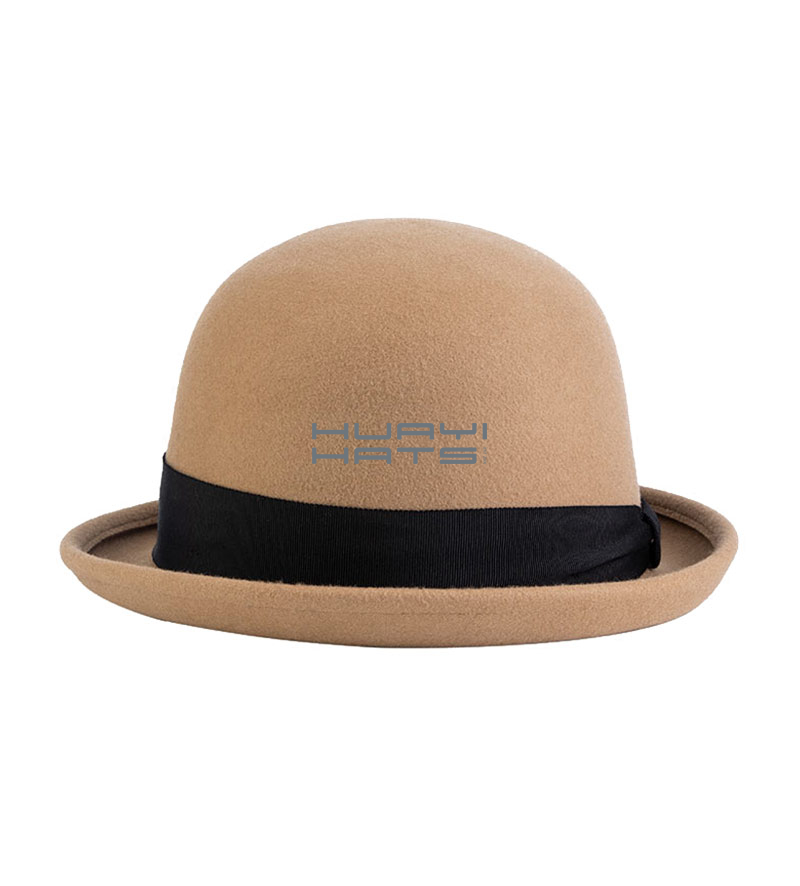 Womens Bowler Hat Camel Color Wool Felt Derby Hat With Black Ribbon
