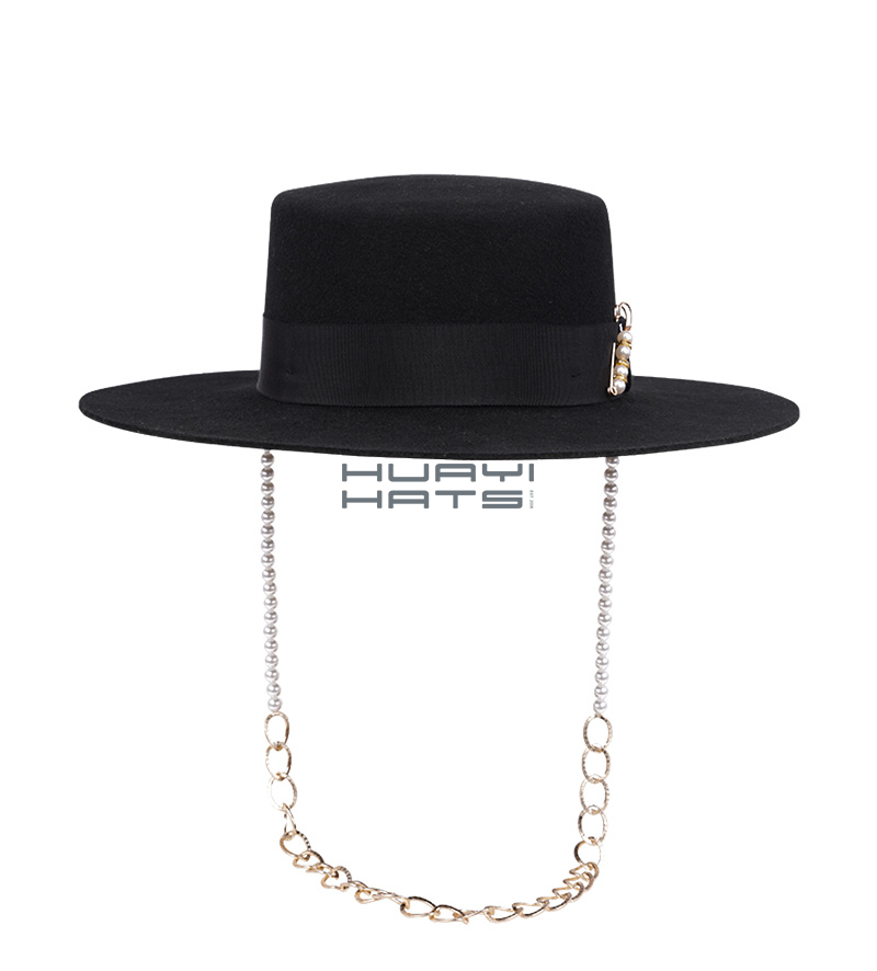 Womens Wool Felt Boater Hat Wide Brim Black Equipped Fashion Chin Cord