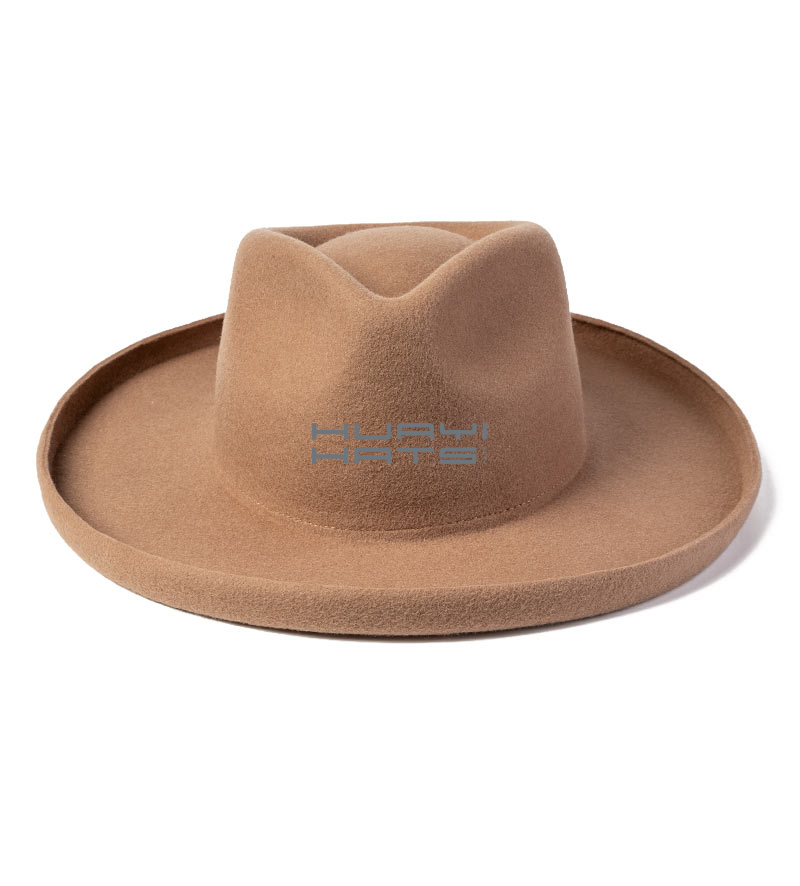 Mens Tan Fashion Wool Felt Fedora Hat With Pencil Brim For Fall & Winter